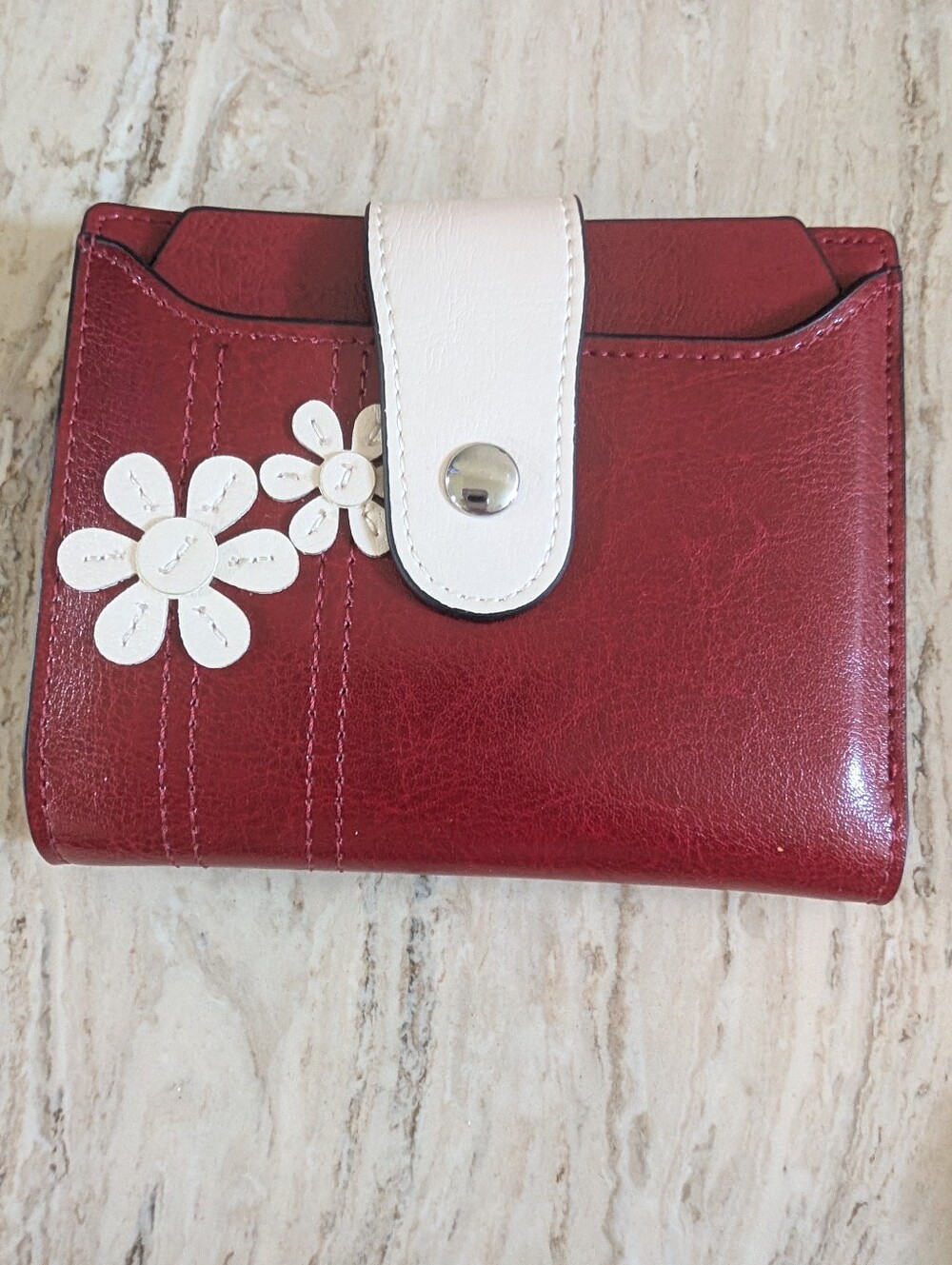Bostanten Women's Red Leather Floral Accent Wallet with Cream Snap Closure
